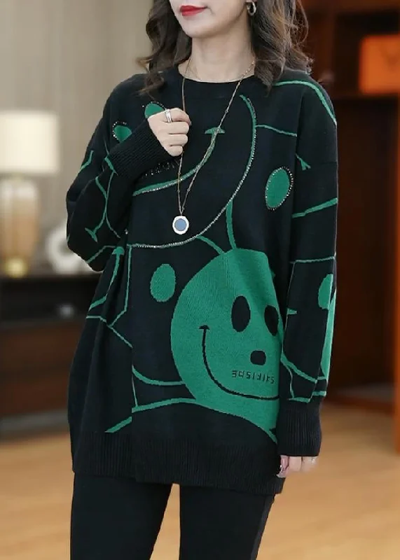 Handmade Green O-Neck Smil Print Cotton Knit Sweaters Top Long Sleeve Ribbed Striped Patterned