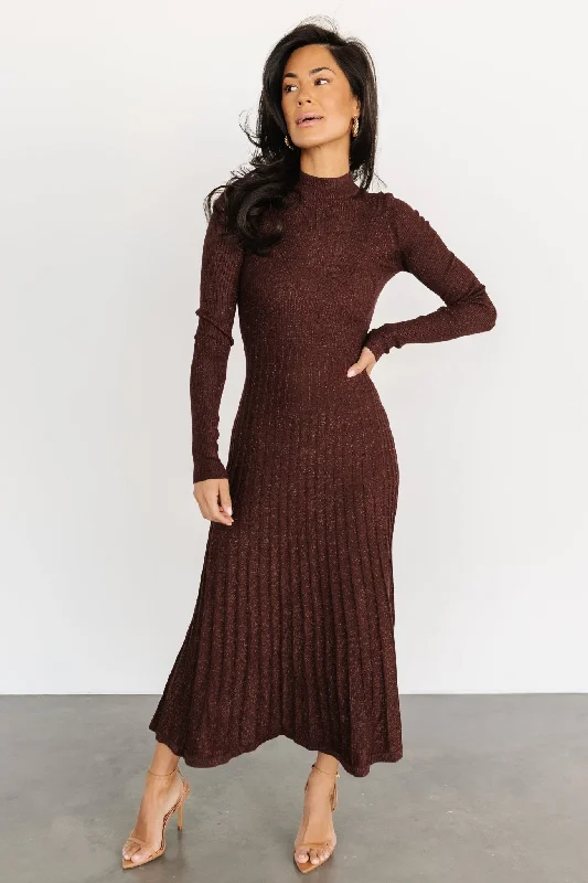 Jamelia Pleated Sweater Dress | Brown + Gold Zippered Front Buttoned Front Snap Front