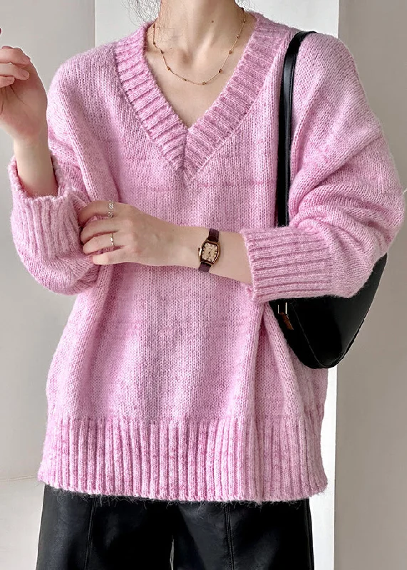 Loose Pink V Neck Hollow Out Cotton Knit Sweater Fall Jersey Fabric Tulle Fabric Batik Fabric