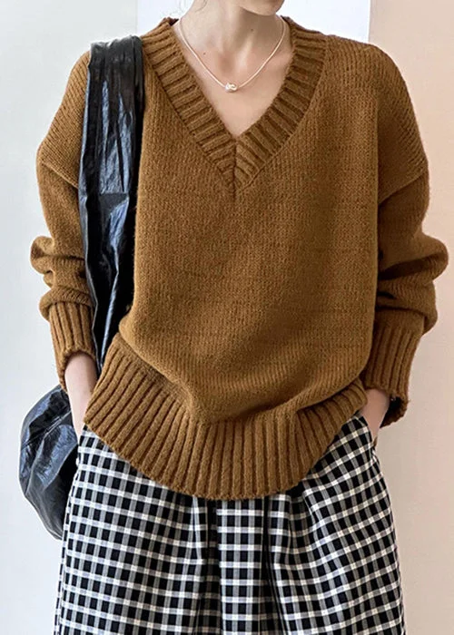 New Brown Hollow Out Cozy Cotton Knit Sweaters Long Sleeve Ribbed Striped Patterned