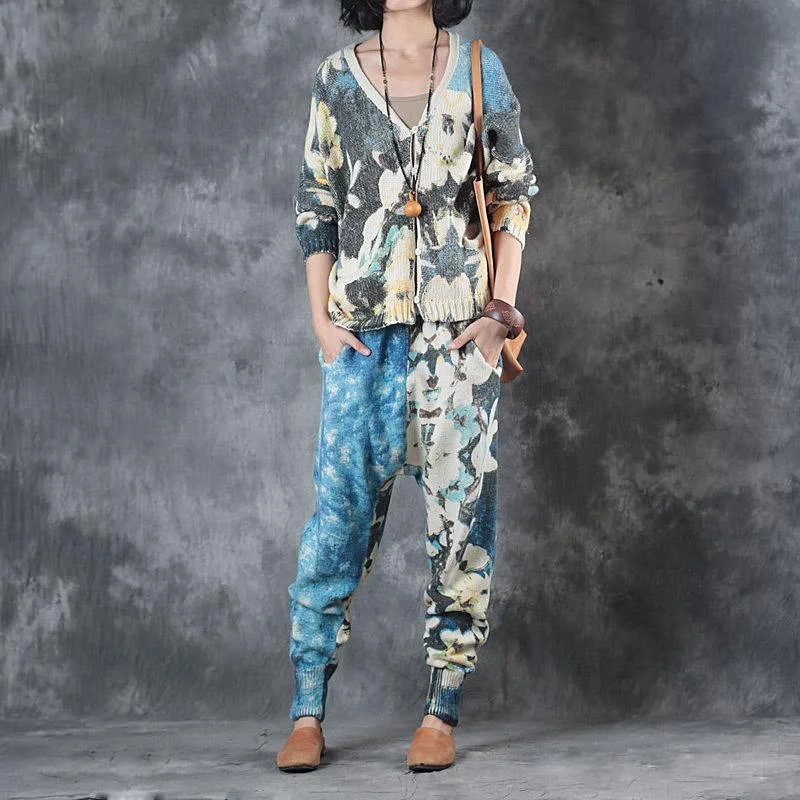 new fashion autumn blue print sweater tops with knit pants plus size vintage two pieces Stylish Fashionable Trendy