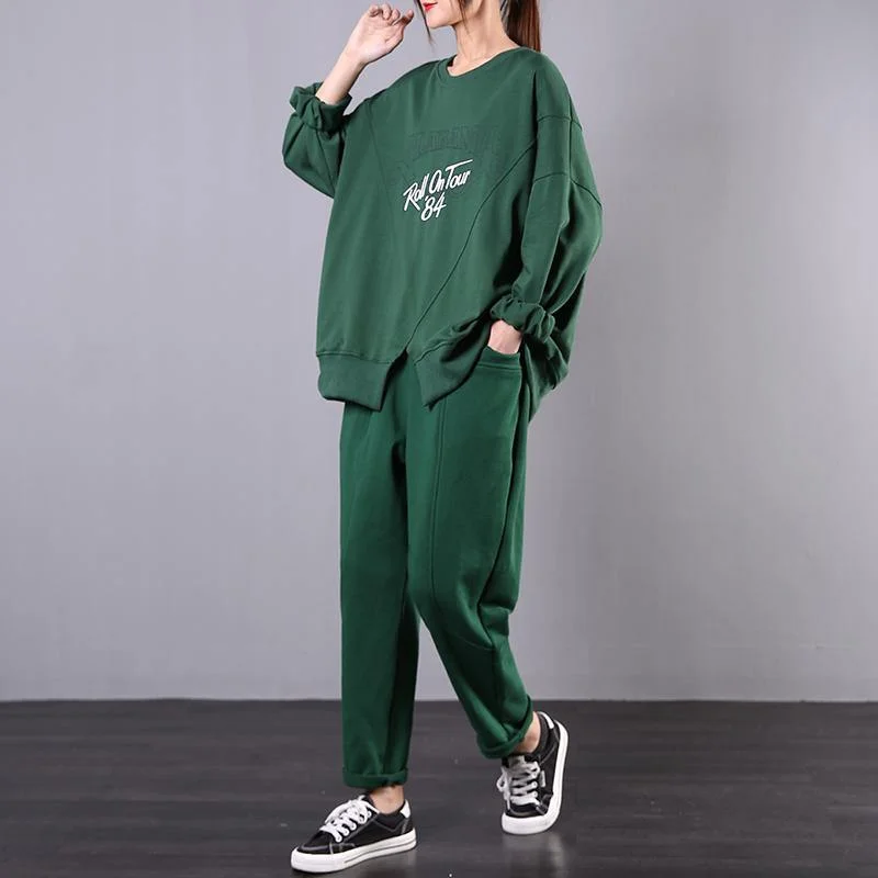 New large size green printed sweater harem pants two-piece Oversized Loose Flowy