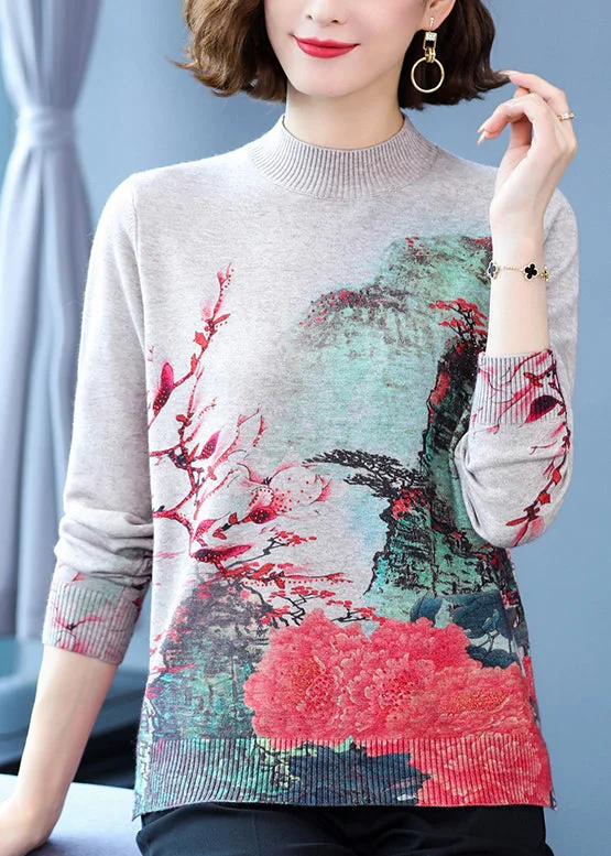 Red Print Soft Woolen Short Sweater Half Hign Neck Spring Terry Blend Velvet Blend Canvas Blend