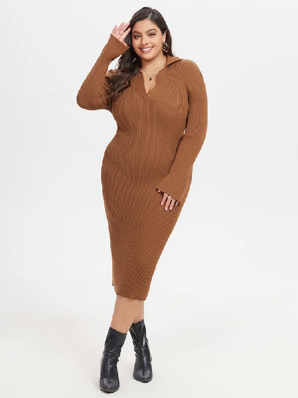 Ribbed Knit Split Midi Sweater Dress Fleece Fabric Down Fabric Feather Fabric