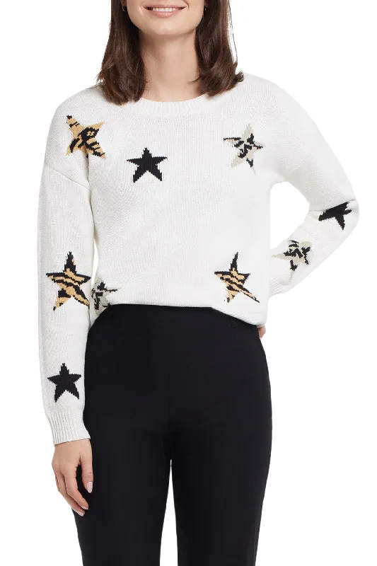 Tribal Crew Neck Sweater with Intarsia Stars 1148O-5167-0026 Cream Fleece Fabric Down Fabric Feather Fabric