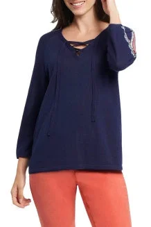 Tribal Lace Up Sweater w/ Detail 3/4 Sleeve 4808O-3449-0269 Dk. Navy High Neck Crew Neck V-Neck