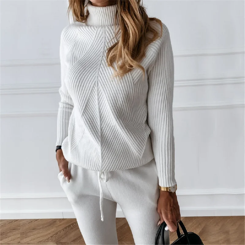 Autumn Winter Women's tracksuit Solid Color Striped  Sweater and Elastic Trousers Suits Knitted Two Piece Set Tailored Straight A-Line