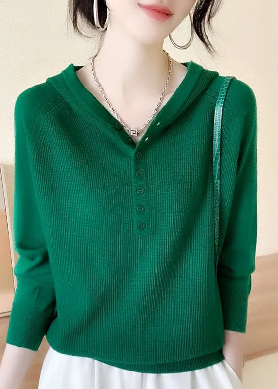 Women Green Button Hooded Knit Sweaters Spring Striped Floral Plaid