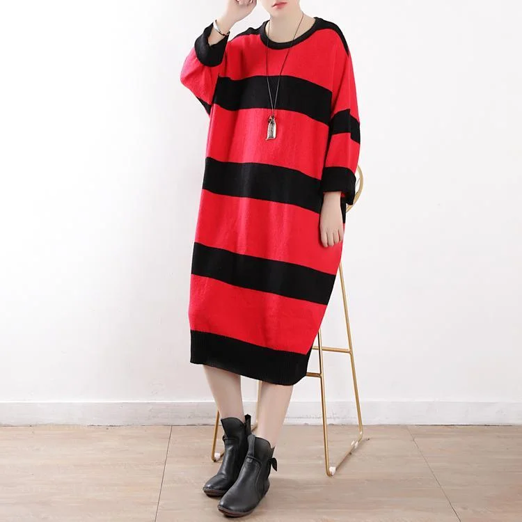 Women o neck Sweater outfits Quotes red striped baggy knit top fall Soft Cozy Warm