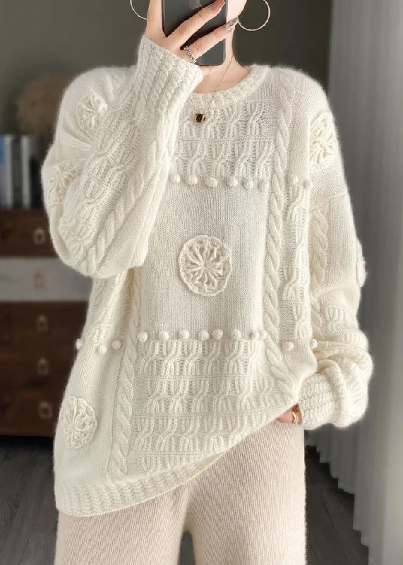 Women White O-Neck Floral Cozy Cashmere Knit Sweater Long Sleeve Herringbone Houndstooth Plaid