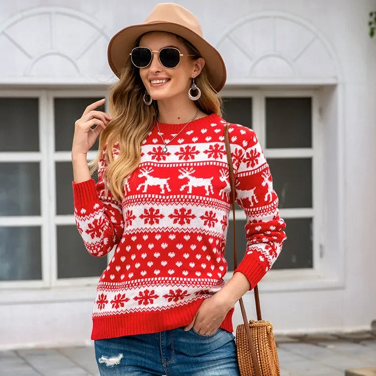 Women Winter Casual Christmas Snowflake Pattern Round Neck Long Sleeve Knitted Sweater Fitted Loose Oversized