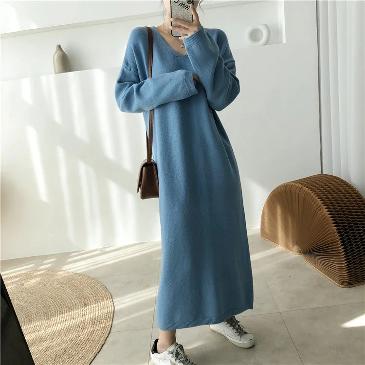 Julia Fashion - V-Neck Loose Full Sleeve Women Sweater Long Dress Iron Safe Non-Iron Wrinkle Free