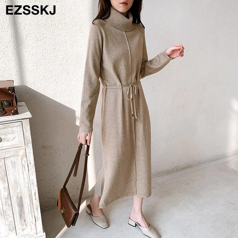 autumn winter Women turtleneck loose long Sweater dress robe Knitted Sweaters Drawstring dress Female oversize maxi dress Long Sweater Short Sweater Cropped Sweater