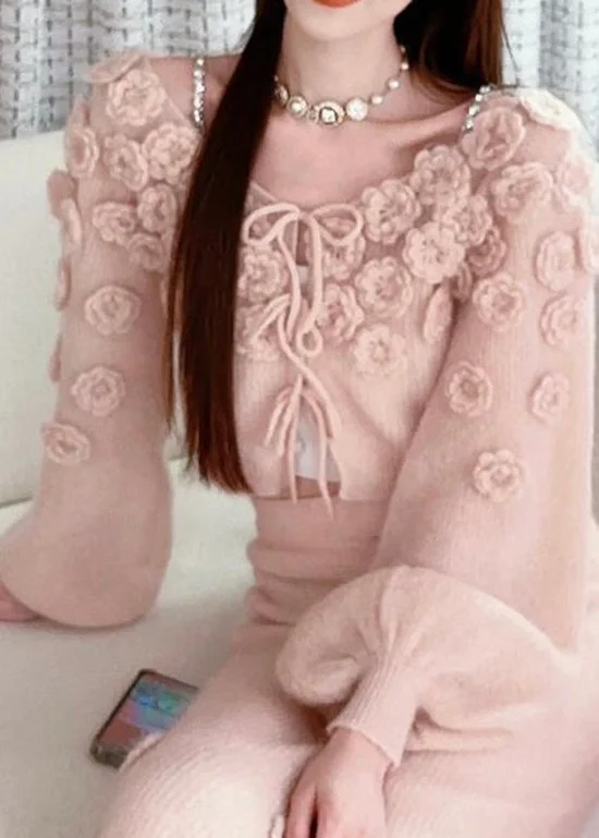 Beautiful Pink Floral Lace Up Knit Sweaters Fall Notch Collar Peter Pan Collar Cowl Neck