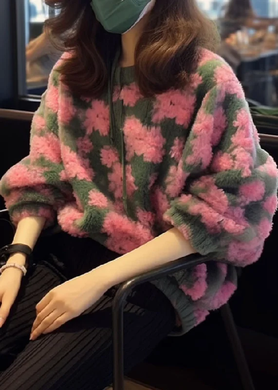 Beautiful Pink O Neck Jacquard Faux Fur Knit Sweaters Fall Striped Floral Plaid