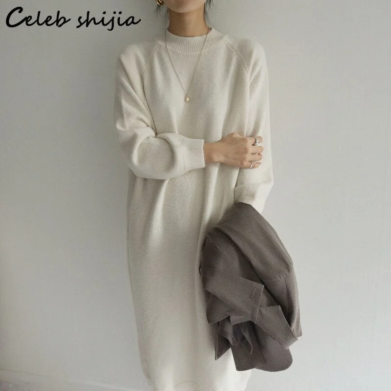 Beige Loose Wool Maxi Dress Woman Autumn 2022 O-Neck Elegant Knitted Bodycon Dress Female Korean Long Sweater Winter Clothing Boxy Sweater Fitted Sweater A-Line