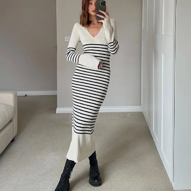 Zjkrl - Black White Striped Knitted Maxi Dress for Women Elegant Long Sleeve Slim Sweater Dress Autumn Winter Causal Long Dress 2023 Lightweight Heavyweight Midweight