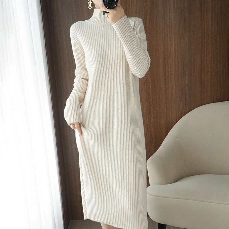 Casual Aesthetic Maxi Sweater Dress for Women Winter Loose Woman Robe Long Vintage Dresses Knitted Bodycon Korean White Turtle Neck Boat Neck Asymmetrical Neck