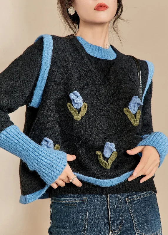 Casual Blue O-Neck Patchwork Cotton Knit Sweaters Winter Rayon Fabric Velvet Fabric Corduroy Fabric