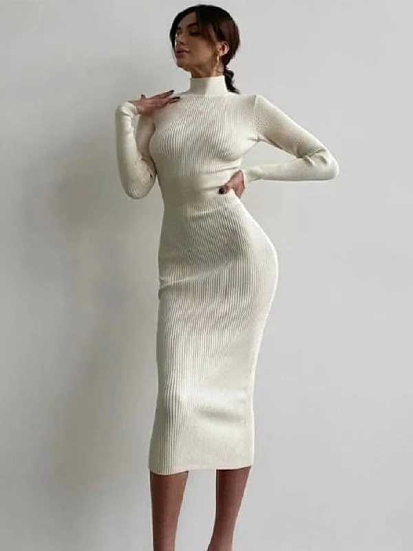 Elegant Solid Bodycon Long Sleeve Sweater Dress Casual Formal Business