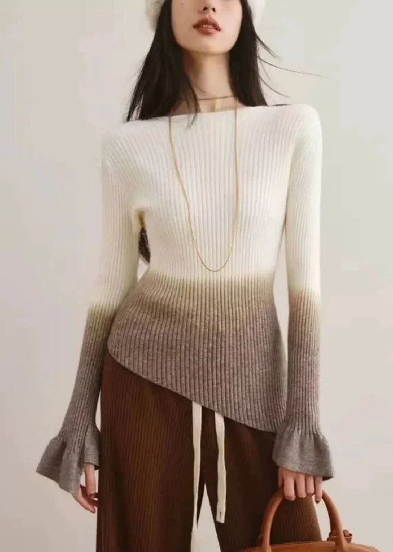 Elegant White Gradient Slash Neck Slim Knit Sweaters Fall Modern Contemporary Chic