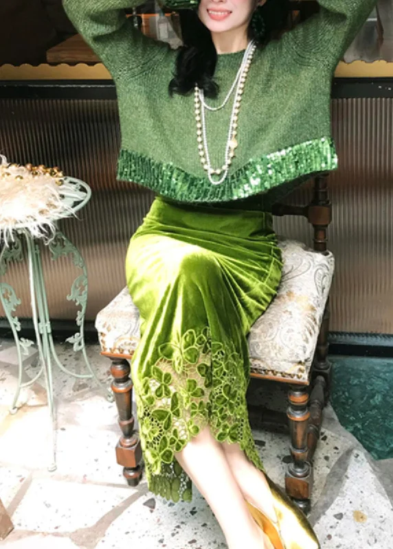 Fashion Green Hollow Out Cotton Knit Sweaters And Maxi Skirts Two Piece Set Winter Chenille Fabric Brocade Fabric Lace Fabric