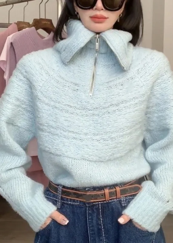 French Blue Hign Neck Zippered Cotton Knitted Sweaters Tops Fall Bright Pastel Dark