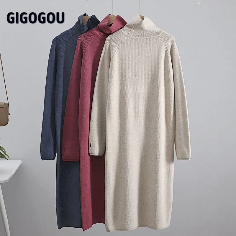 GIGOGOU Thumb Hole Long Knit Women Maxi Sweater Retro Thick Warm Turtleneck Straight Dress Winter Christmas Party Dress Vestido Handmade Hand-knitted Hand-woven