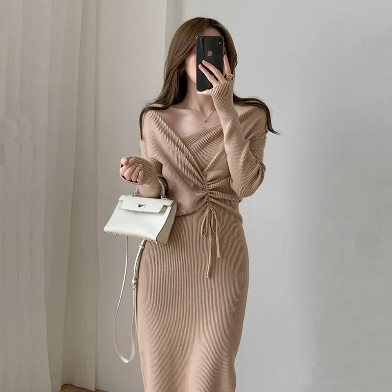 Vintage Korean One-Piece Sweater Maxi Dresses for Women Draw String Bodycon Slim Knitted Lady Woman Dress Autumn Zippered Front Buttoned Front Snap Front