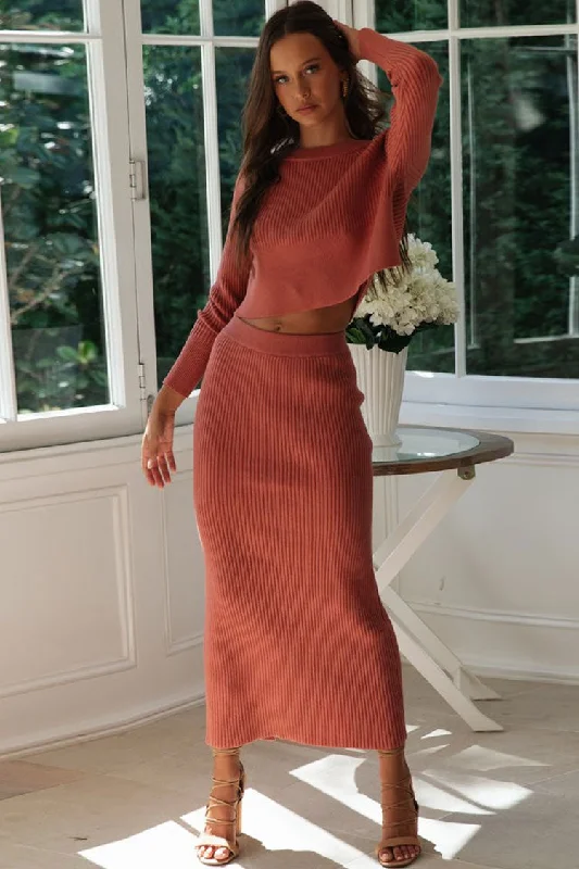 High Waist Rib Long Sleeve Winter Sweater Two Piece Dress - Orange Red Casual Formal Business