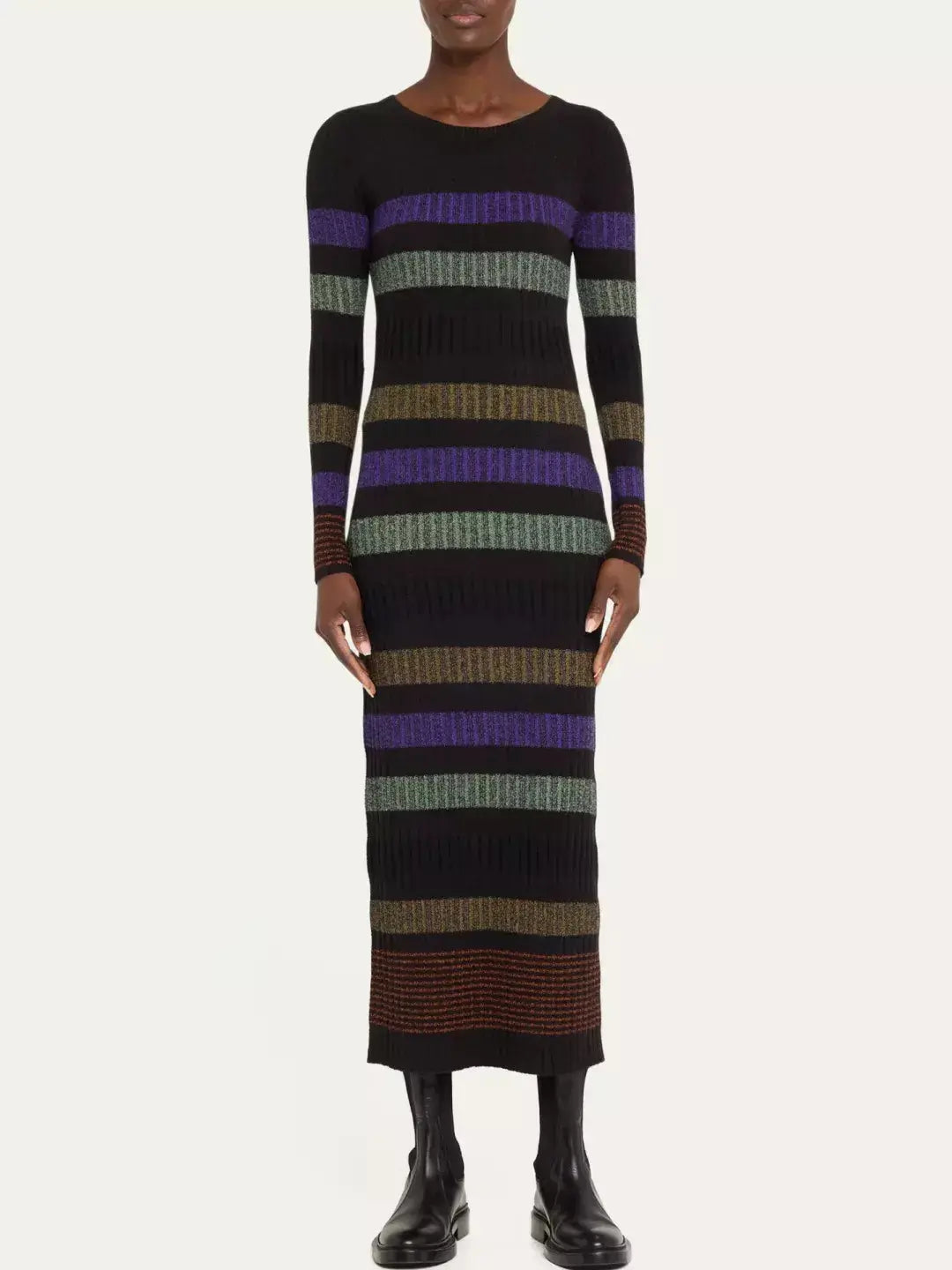 Knit Multicolor Striped Long-Sleeve Midi Sweater Dress Cotton Fabric Linen Fabric Terry Fabric