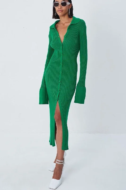 Long Sleeve Button Down Winter Sweater Maxi Dress - Emerald Green Elegant Classic Vintage