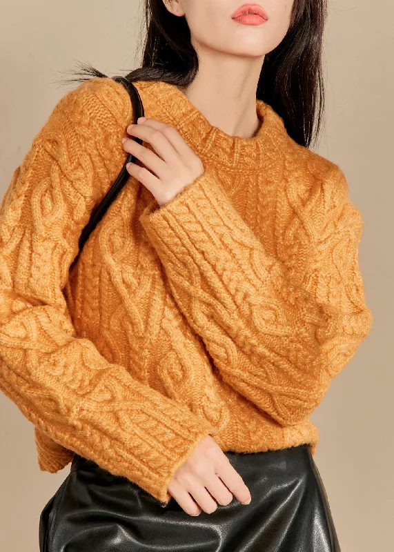 Natural Orange O-Neck Cable Thick Cotton Knit Sweaters Winter Denim Fabric Leather Fabric Suede Fabric