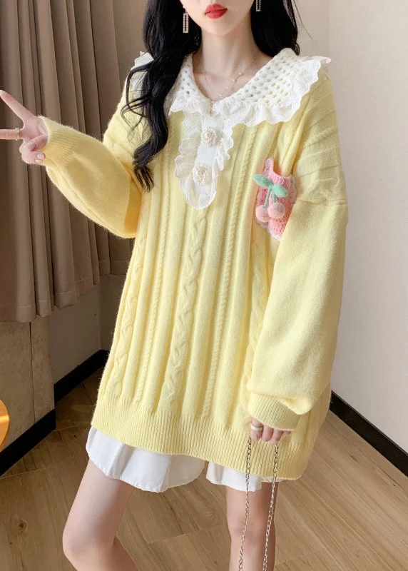 Organic Yellow Hollow Out Cozy Cotton Knit Sweater Spring Boxy Sweater Fitted Sweater A-Line