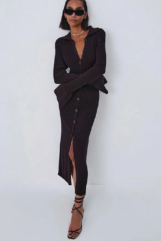 Ribbed Long Sleeve Button Down Winter Sweater Maxi Dress - Chocolate Layered Multi-layer Single Layer