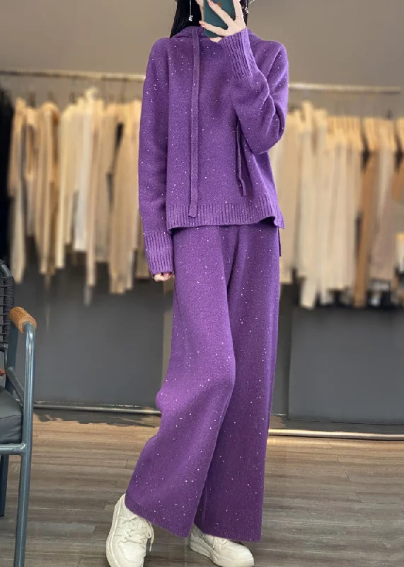 Stylish Purple Drawstring Hooded Cotton Knit Sweaters And Wide Leg Pants Two Piece Set Winter Jersey Fabric Tulle Fabric Batik Fabric