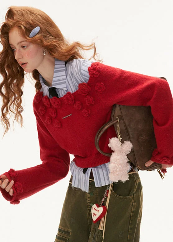 Stylish Red Rose Floral Cotton Knit Sweater Tops Winter Real Fur Shearling Chenille