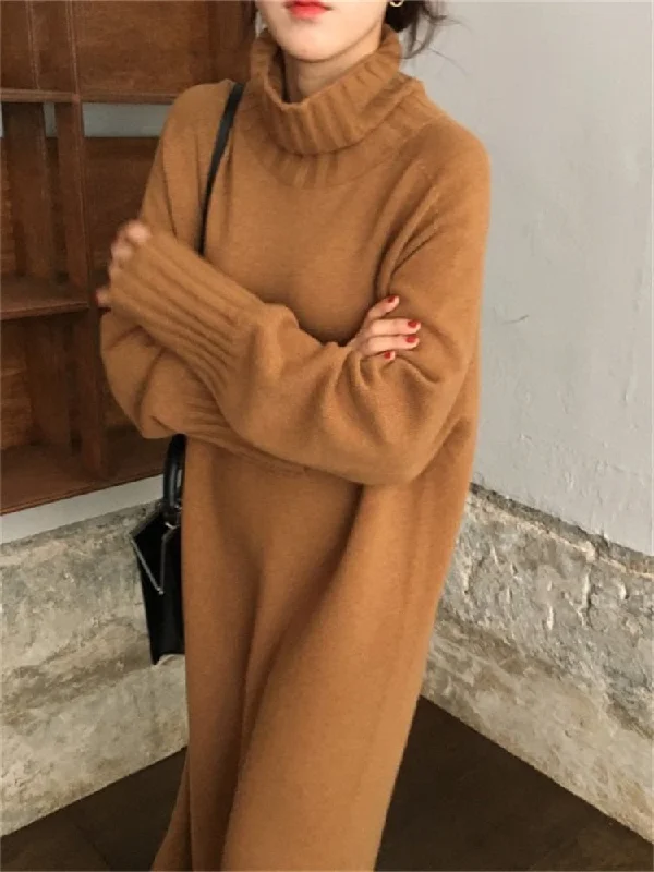 Thick Winter Women'S Dress Fall Sweater Women Dress Long Sleeve  Knitted Dresses Maxi Vintage Oversize Dresses Knitting Modern Contemporary Chic