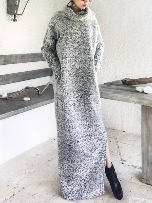 Turtleneck Warm Knit Sweater Maxi Dress with Pockets Seamless Knitted Crochet