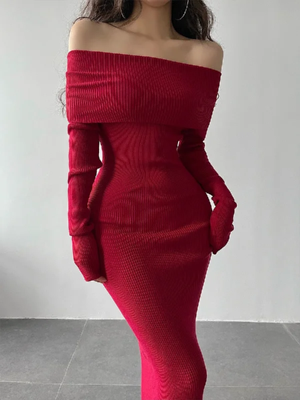 Slash Neck Tight Long Skinny Hip Long Sleeve Maxi Long Sweater Dress Red Korean Fashion Tops Stylish Fashionable Trendy