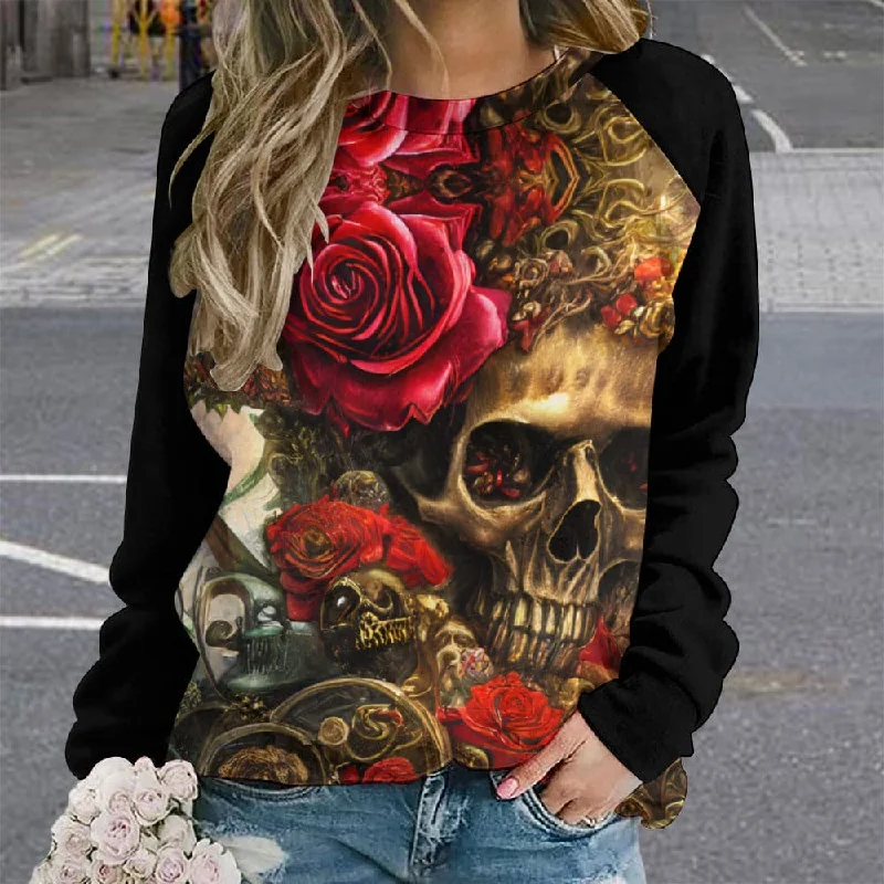 Unleash Your Bold Style With The Women's Skull Floral Raglan Round Neck Sweater! Machine Wash Dry Clean Hand Wash