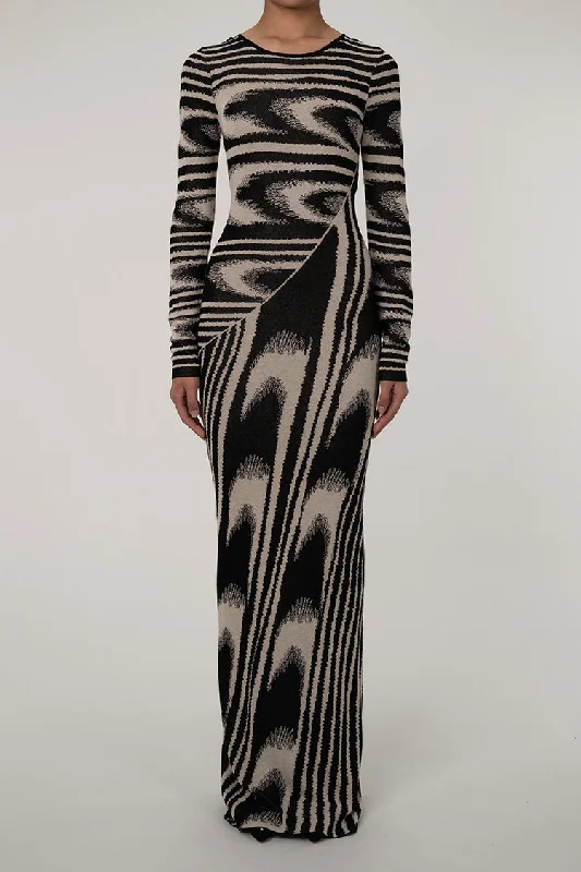 Vintage Geometric Print Crew Neck Long Sleeve Sheath Sweater Maxi Dress Mesh Blend Leather Blend Suede Blend