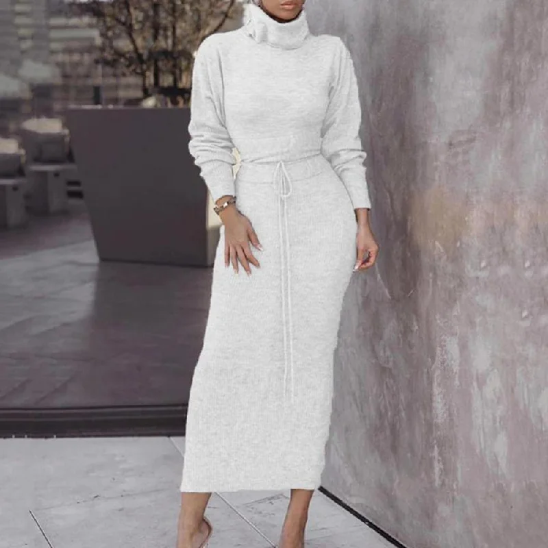 Women Autumn Winter Long Sleeve Sweater Maxi Bodycon Skirt Two Piece Set Outfit Slim Fit Regular Fit Oversized