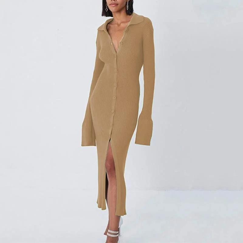 Women Maxi Knitted Sweater Dress Fashion Lady Elegant Turn Down Collar Midi Split Slim Long Sleeve Bodycon Long Dresses Clothing Mesh Blend Leather Blend Suede Blend