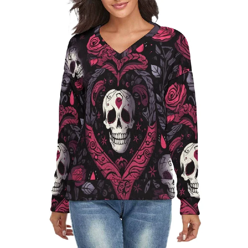 Women's Skulls In Heart V-Neck Long Sleeve Sweater Silk Blend Satin Velvet