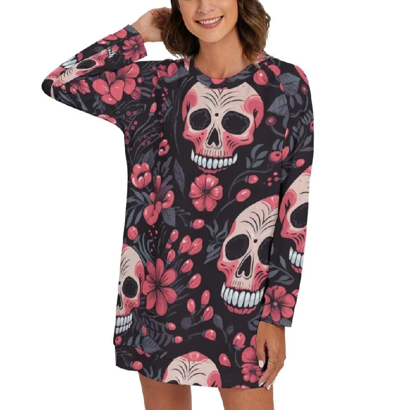 Women's Skulls Pink Flowers Round Neck Raglan Sleeve Sweater Lightweight Heavyweight Midweight