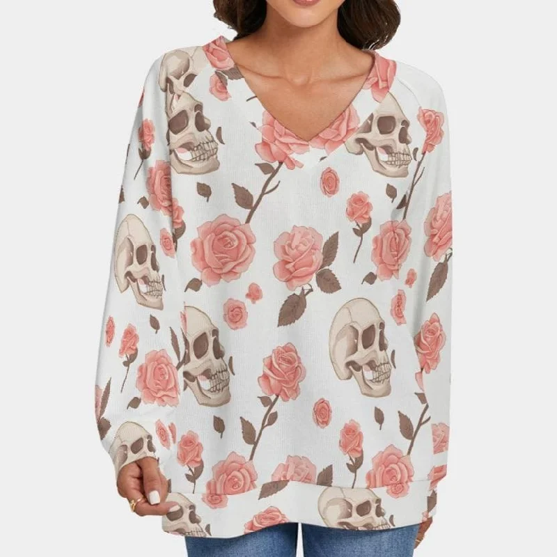 Women's Skulls & Pink Roses V-neck Sweater With Long Sleeve Chenille Brocade Lace