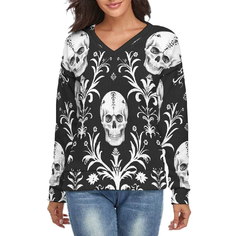 Women's V-Neck Skull Style Long Sleeve Sweater Real Fur Shearling Chenille