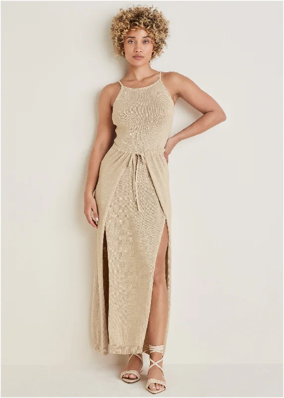 High Slit Sweater Maxi - Sand Cable Knit Ribbed Knit Lace Knit