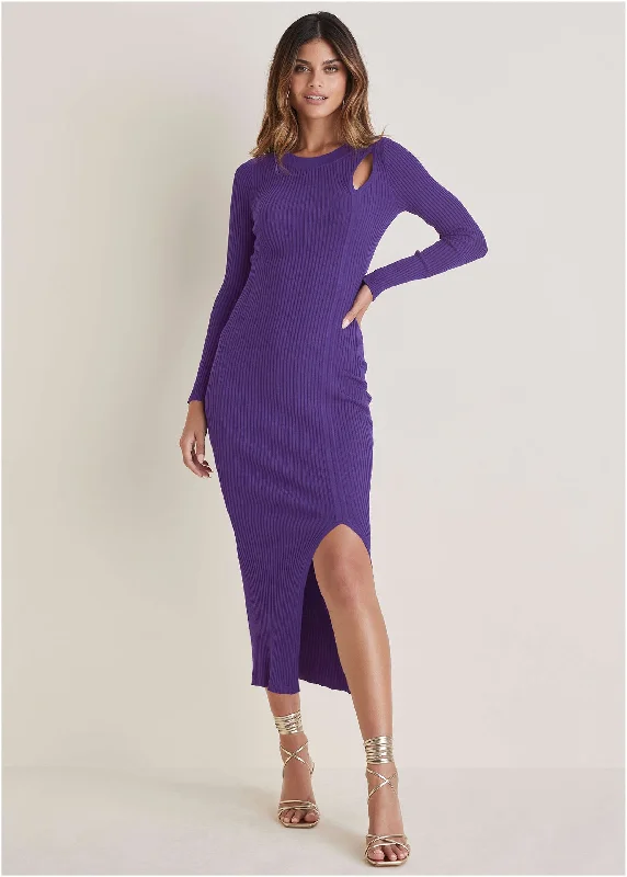 Ribbed Maxi Sweater Dress - Violet Indigo Solid Color Striped Floral Print